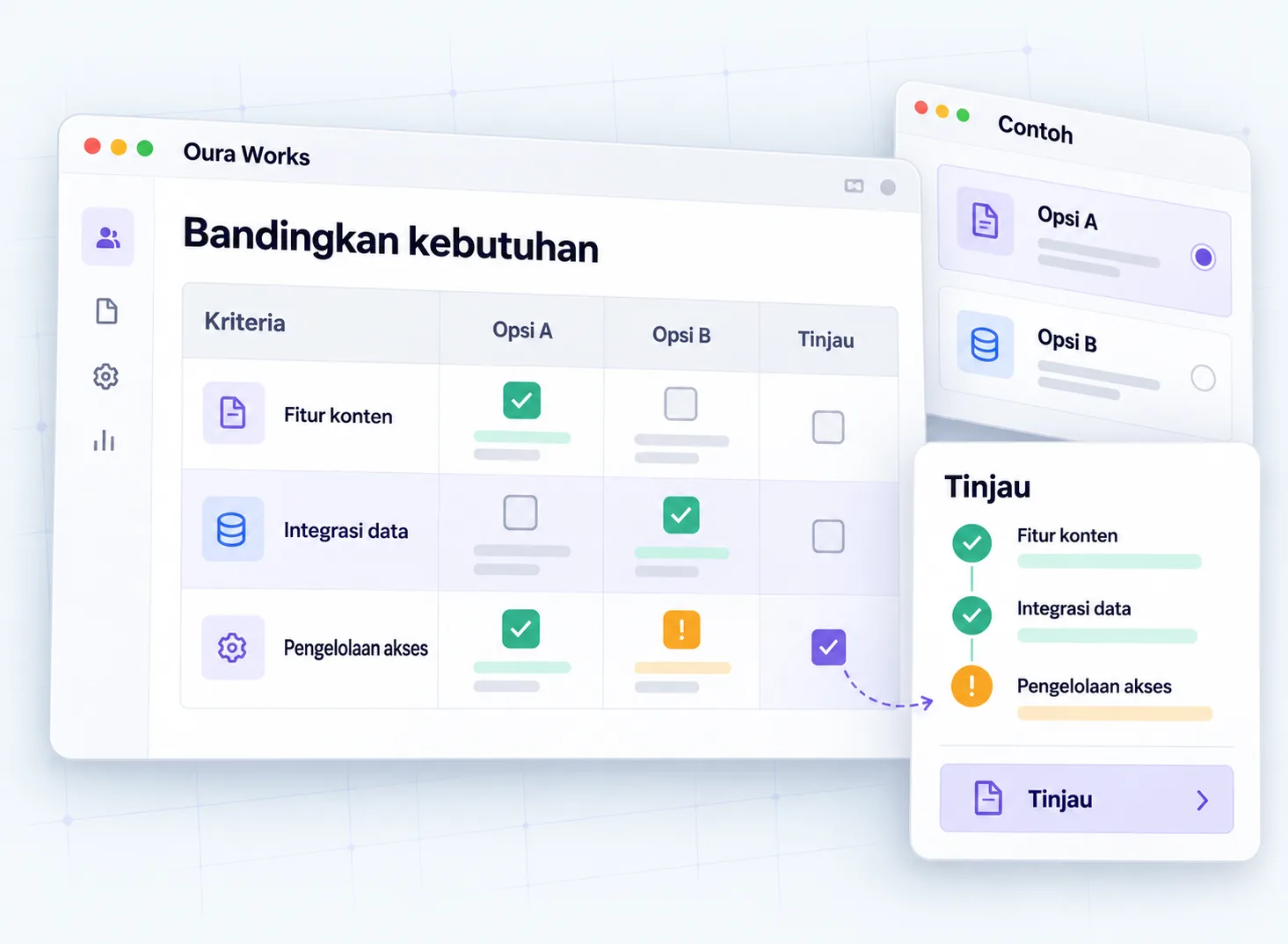 Illustration Compare requirements — Criteria — Option A — Option B — Review.