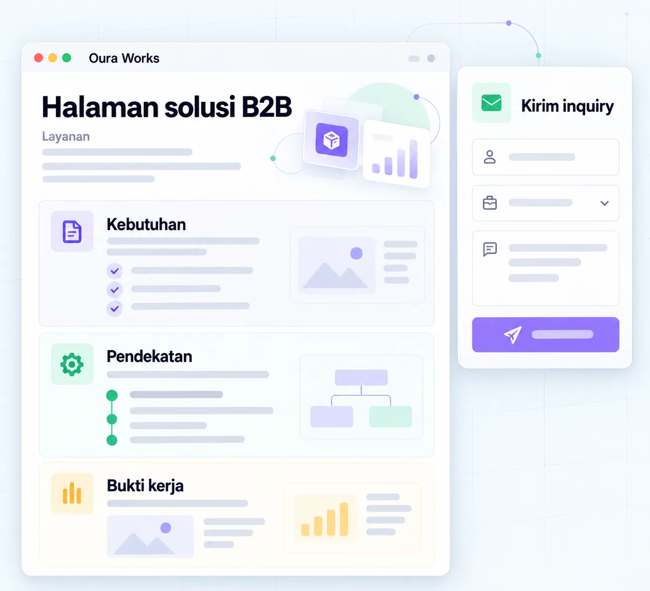 Illustration B2B solution page — Services — Needs — Approach — Proof of work — Send inquiry.