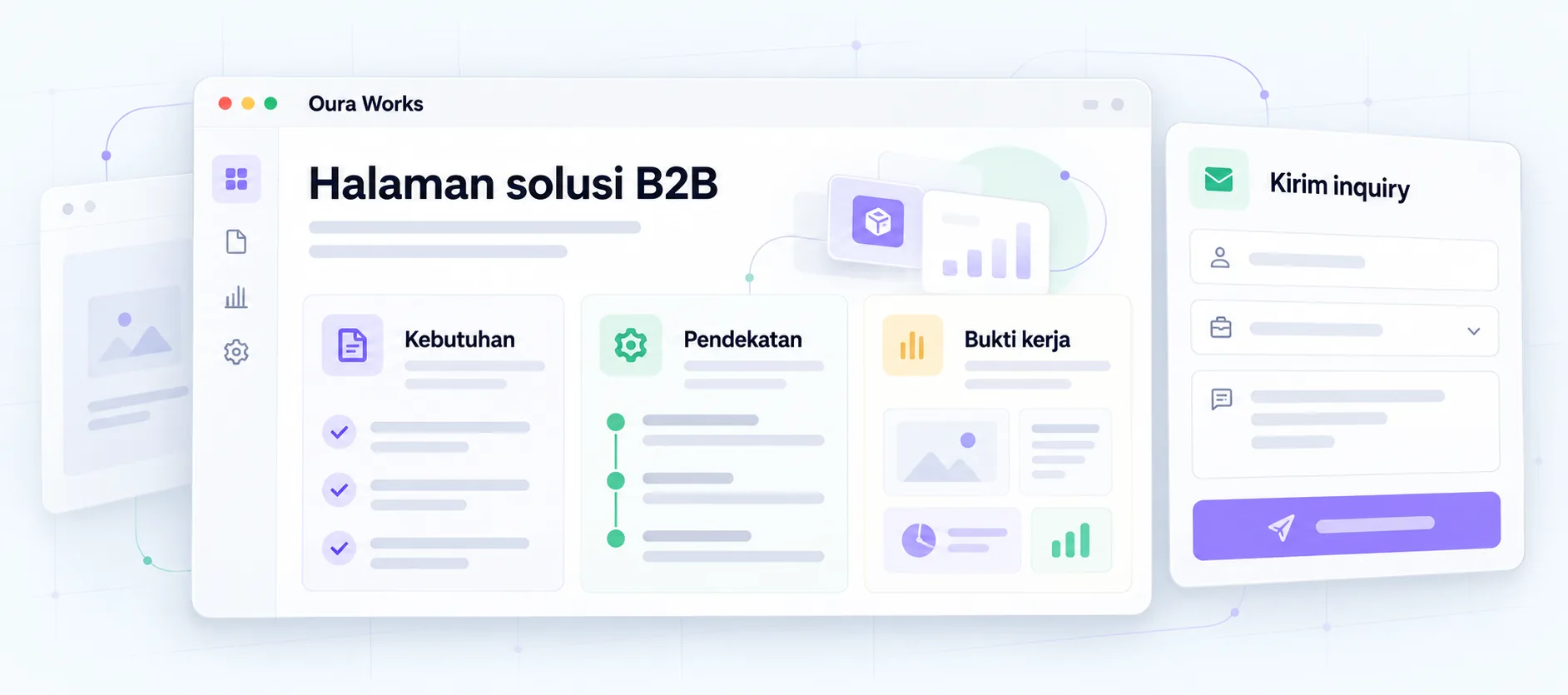 Illustration B2B solution page — Services — Needs — Approach — Proof of work — Send inquiry.