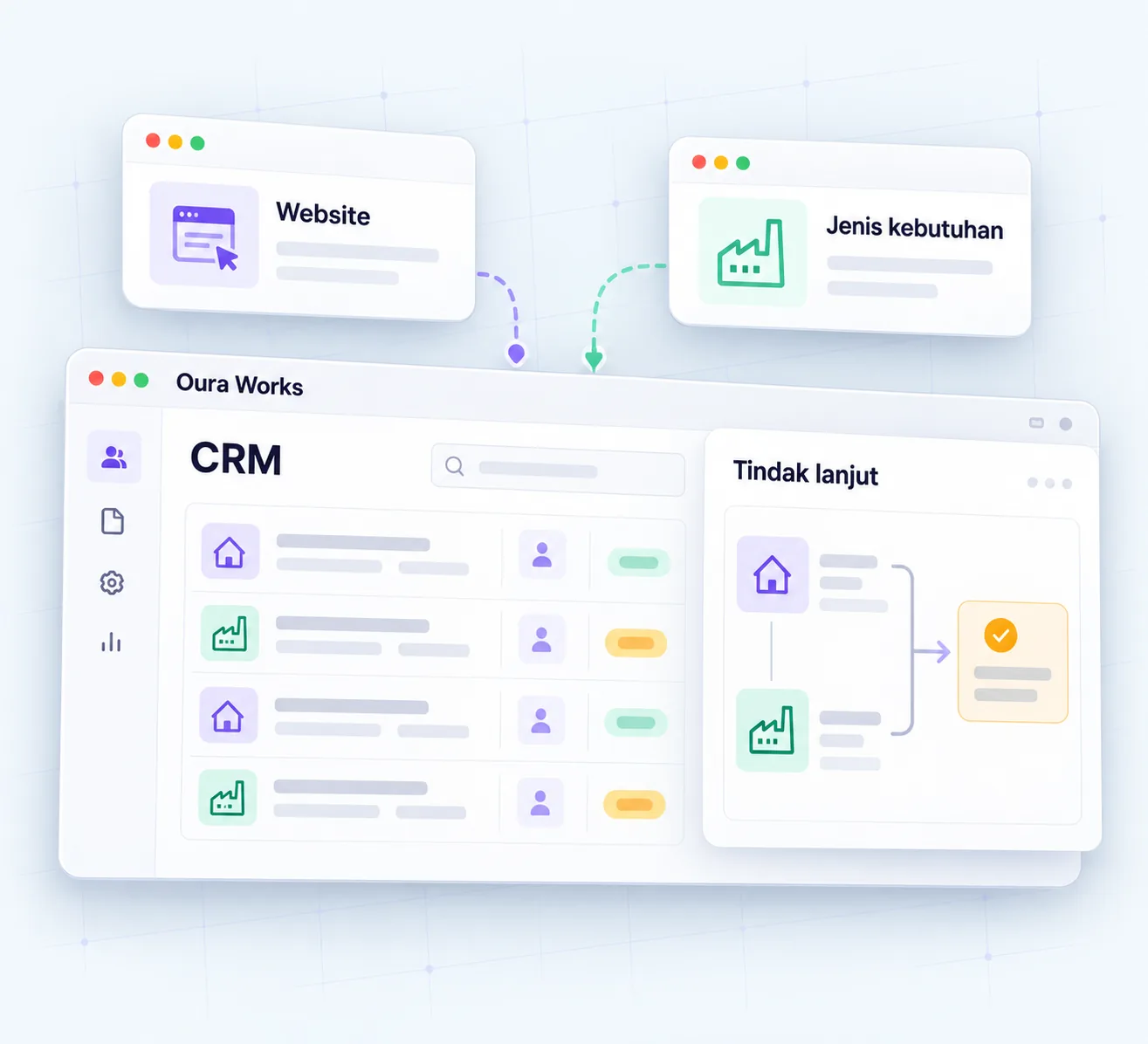 Illustration Connected prospects — Website — Type of need — CRM — Sales team — Follow-up.