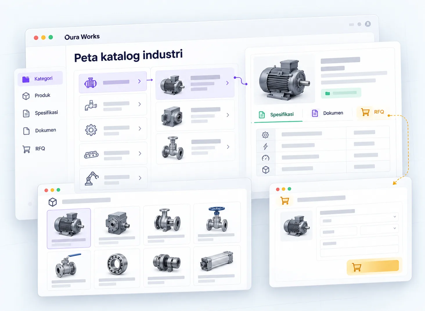 Illustration Industrial catalog map — Categories — Products — Specifications — Documents — RFQ.