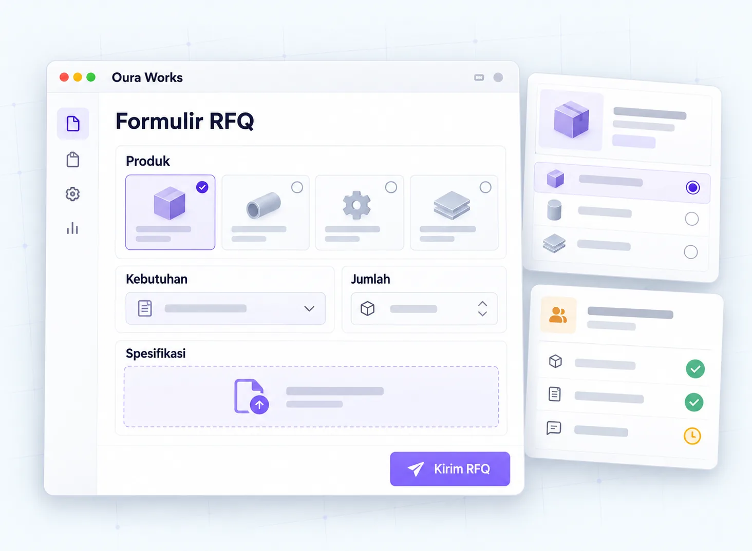 Illustration of RFQ Form — Product — Requirement — Quantity — Specifications — Send RFQ.