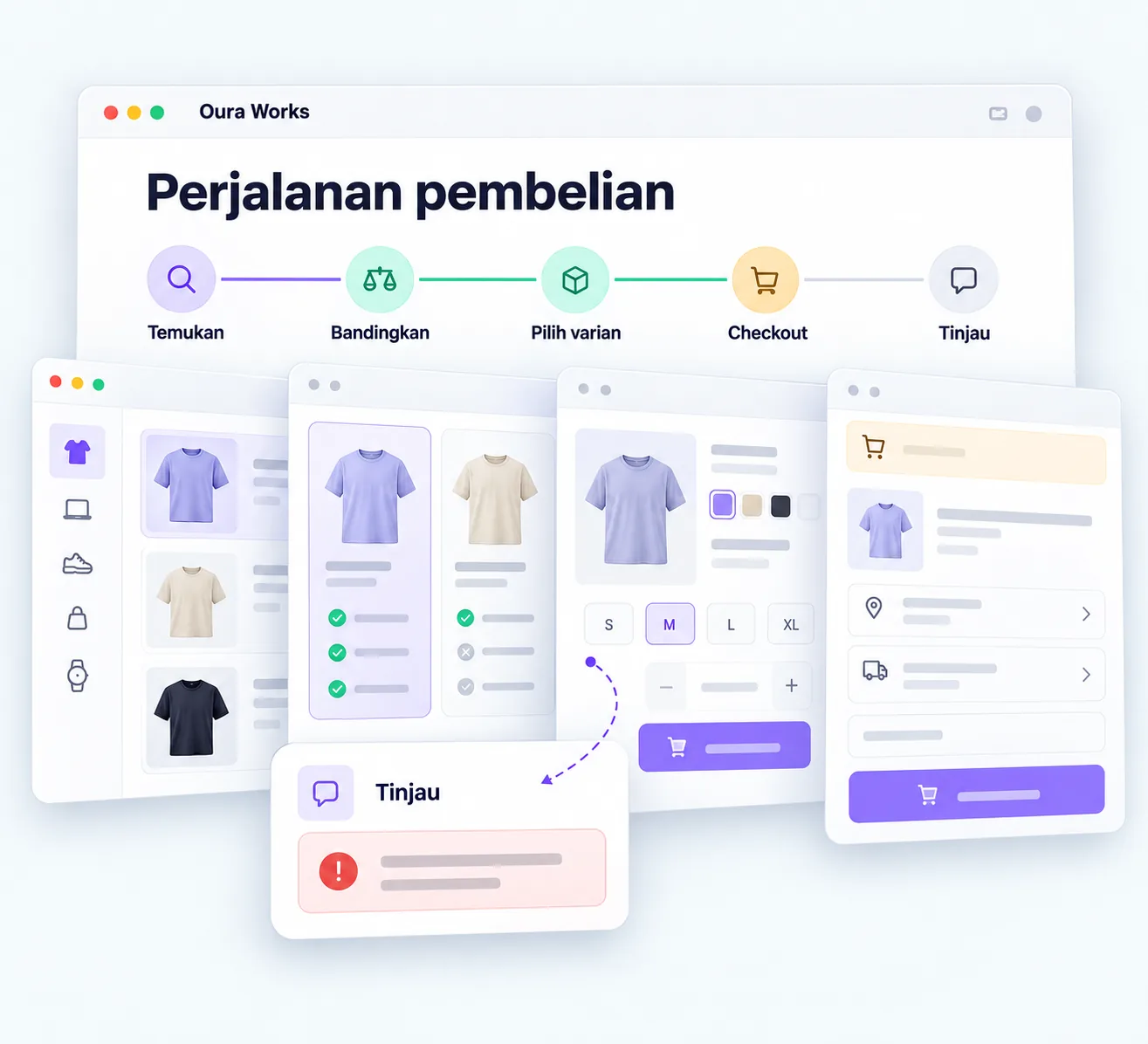 Ilustrasi Perjalanan pembelian — Temukan — Bandingkan — Pilih varian — Checkout — Tinjau.