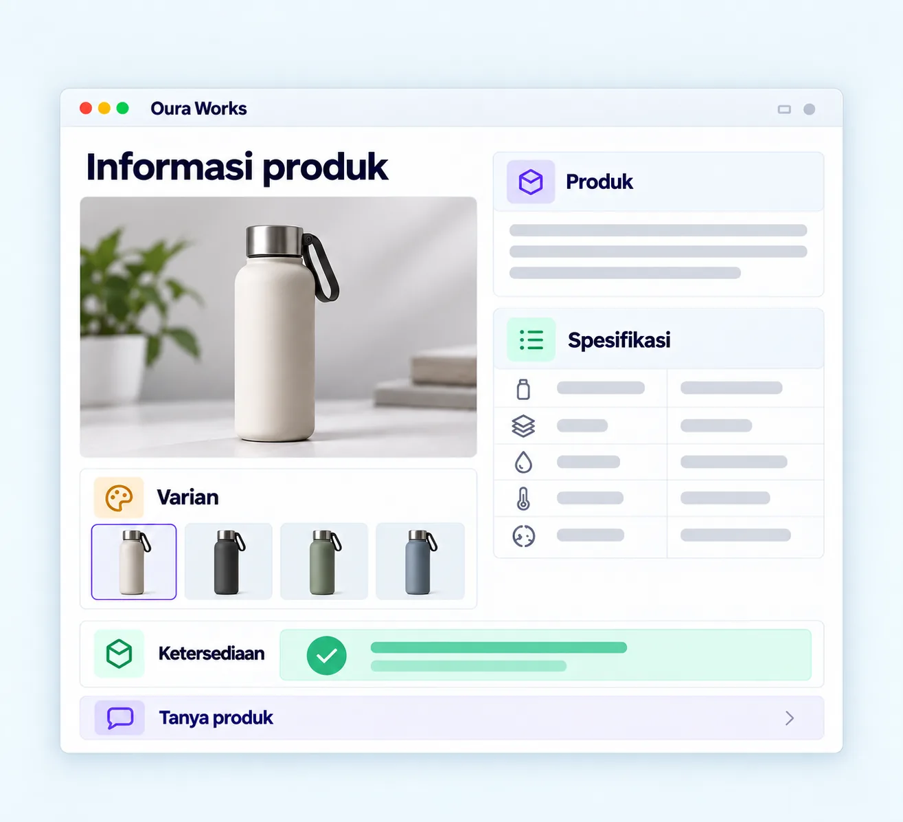 Ilustrasi Informasi produk — Produk — Spesifikasi — Varian — Ketersediaan — Tanya produk.