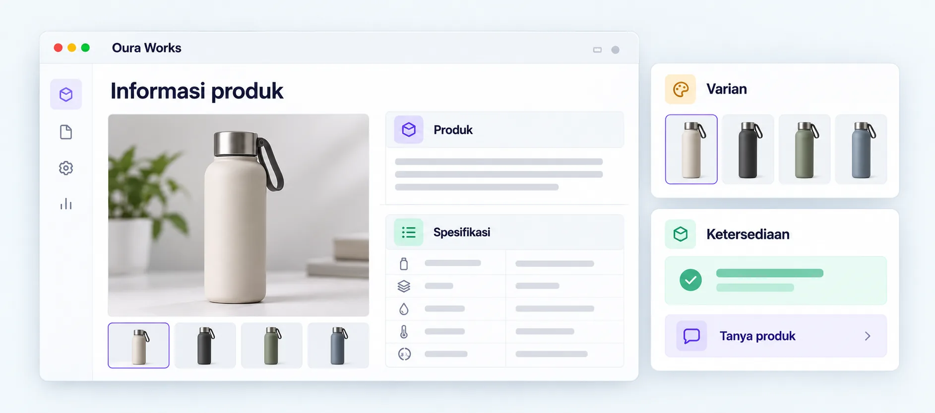 Ilustrasi Informasi produk — Produk — Spesifikasi — Varian — Ketersediaan — Tanya produk.