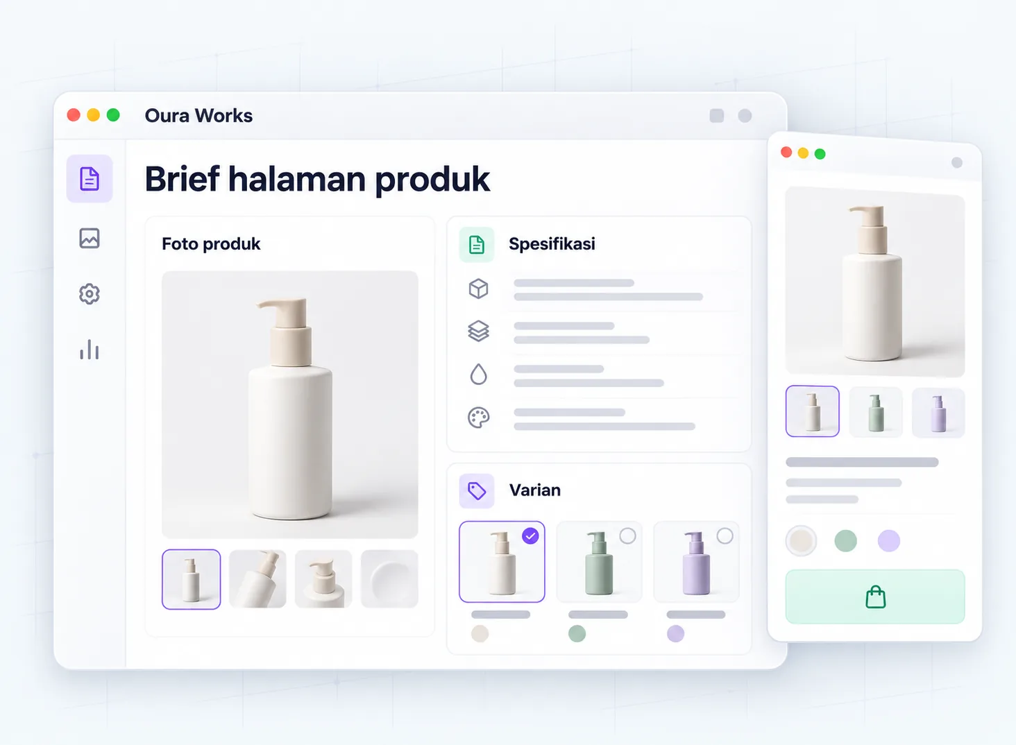 Ilustrasi Brief halaman produk — Spesifikasi — Foto produk — Varian — CTA.