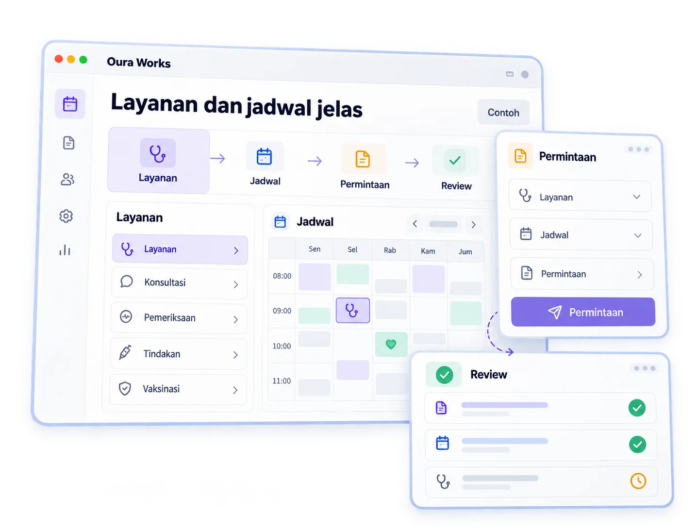 Service illustrations and clear schedules — Service — Schedule — Request — Review.