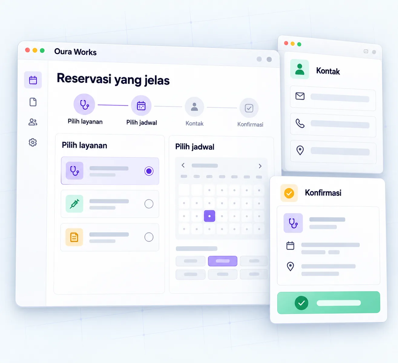 Clear reservation illustration — Select service — Select schedule — Contact — Confirm.