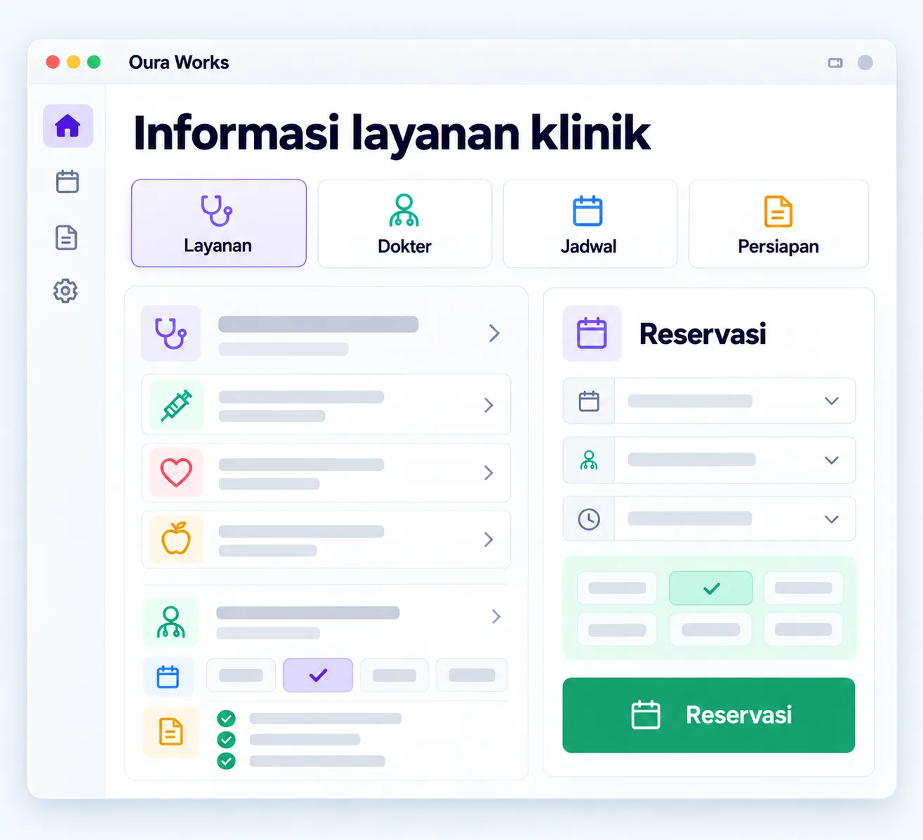 Illustration of clinic service information — Services — Doctors — Schedule — Preparation — Reservations.