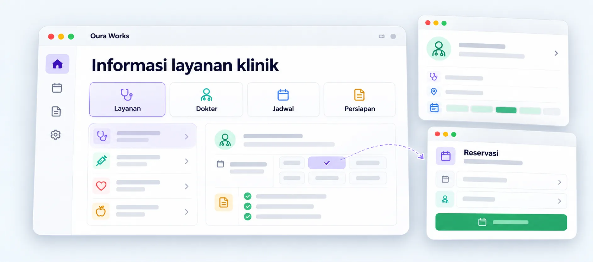 Illustration of clinic service information — Services — Doctors — Schedule — Preparation — Reservations.