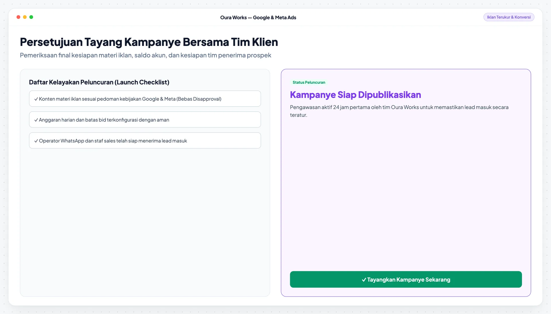 Kreatif dan landing page → review → approval