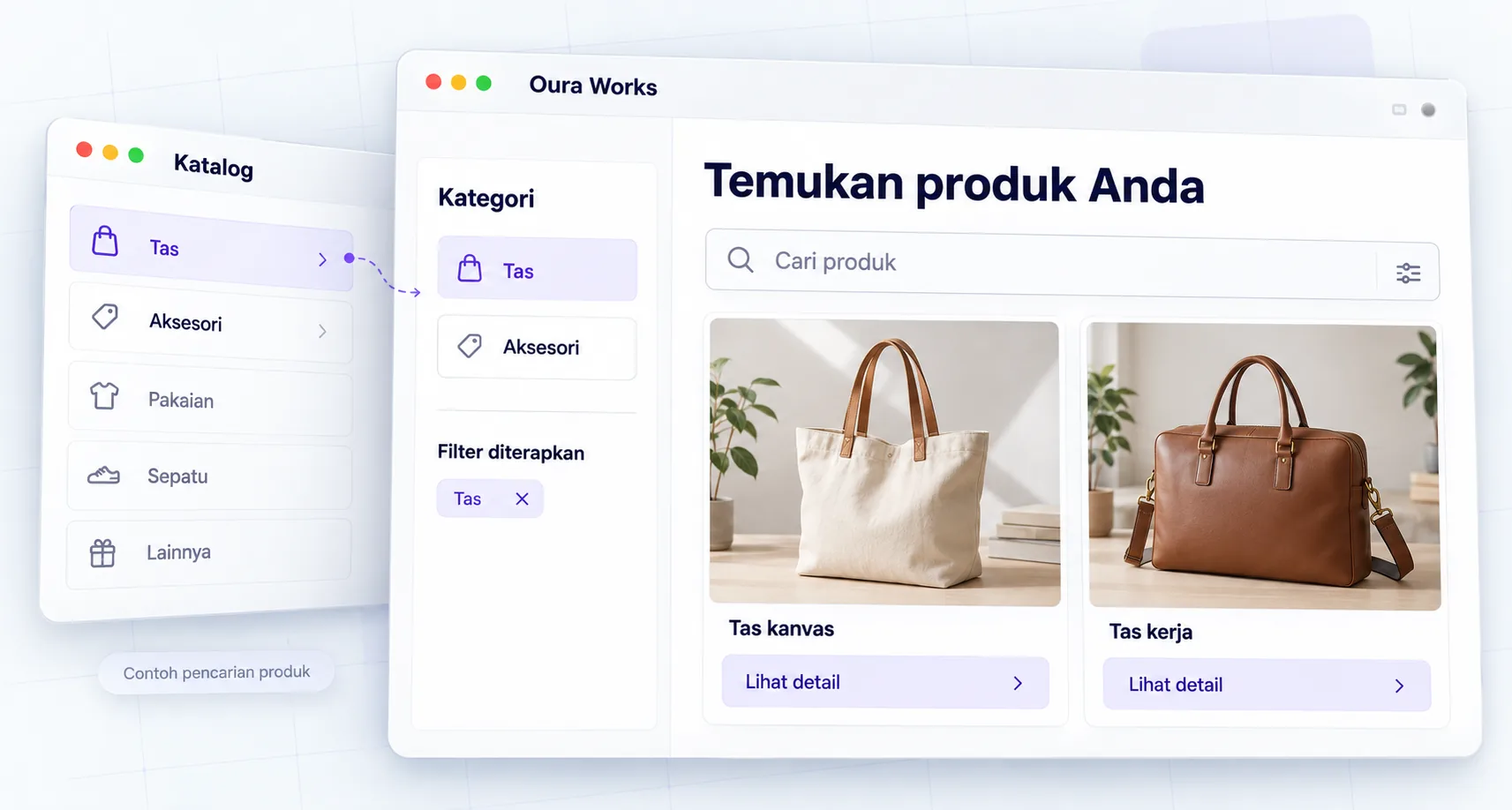 Contoh ilustrasi — Katalog → kategori dan filter → produk relevan