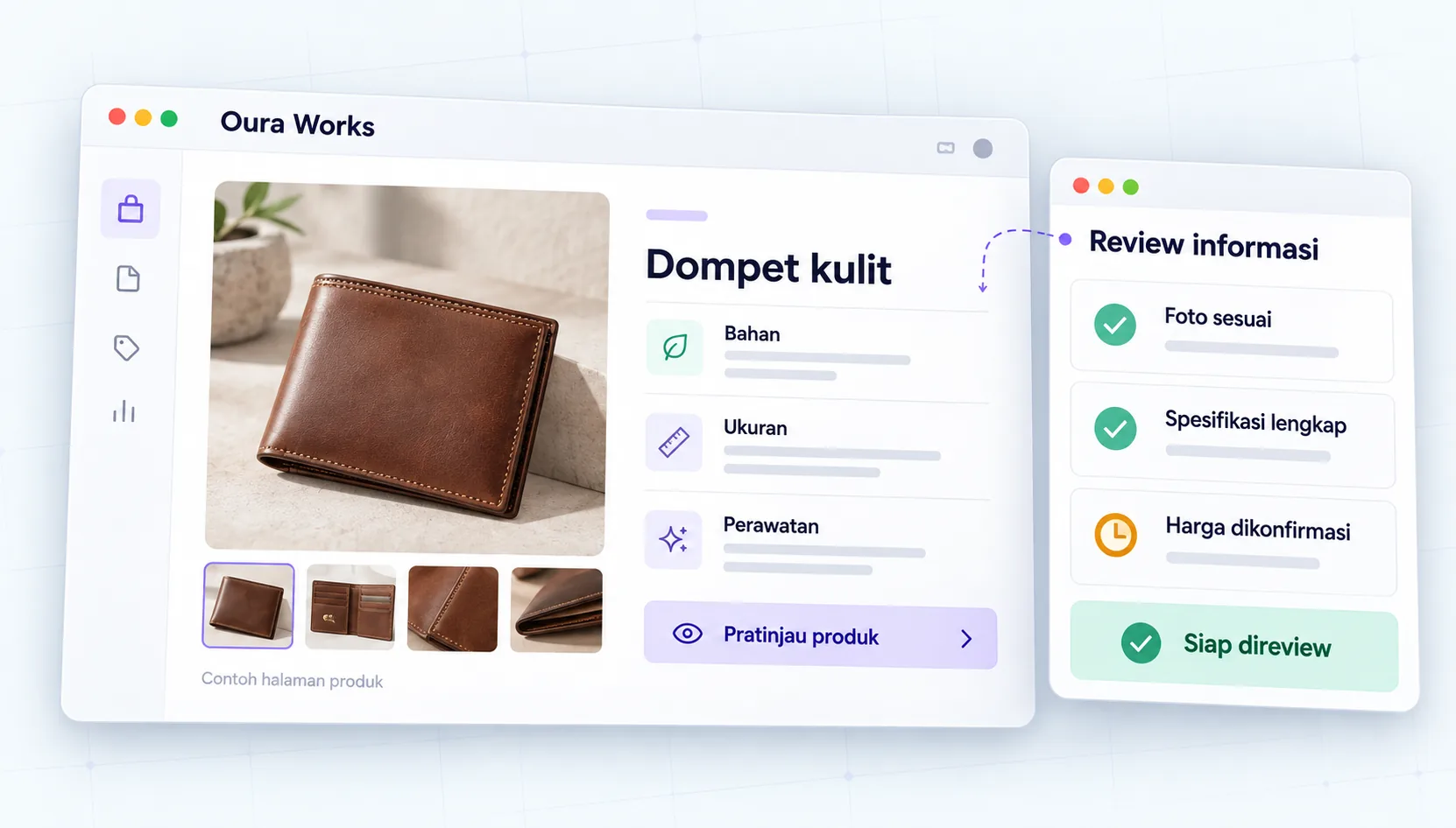 Contoh ilustrasi — Informasi produk → review tim → halaman konsisten
