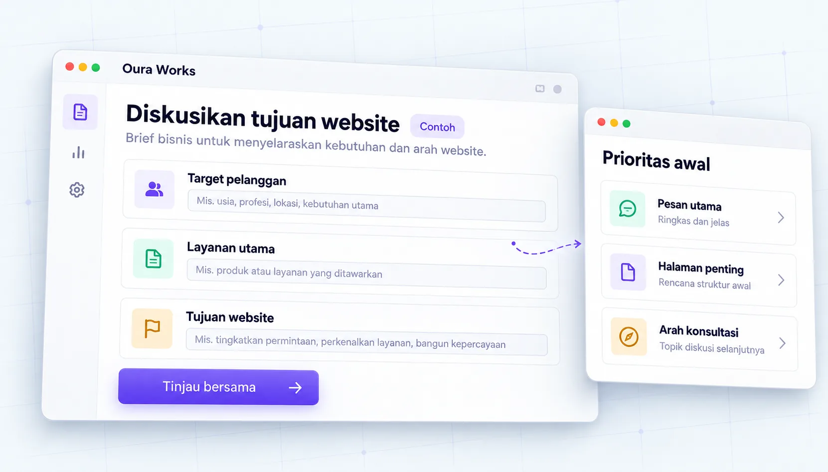 Diskusikan tujuan website: ilustrasi contoh interface Oura Works.