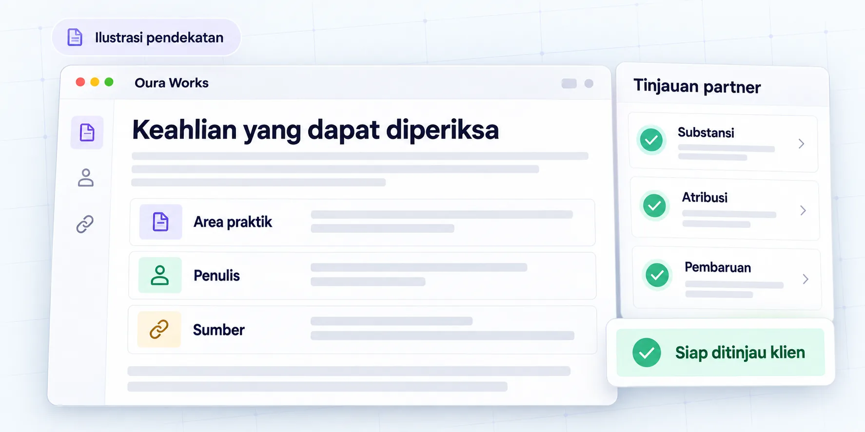 Ilustrasi pendekatan konten hukum: area praktik, penulis, dan sumber ditinjau partner sebelum digunakan sebagai informasi layanan.