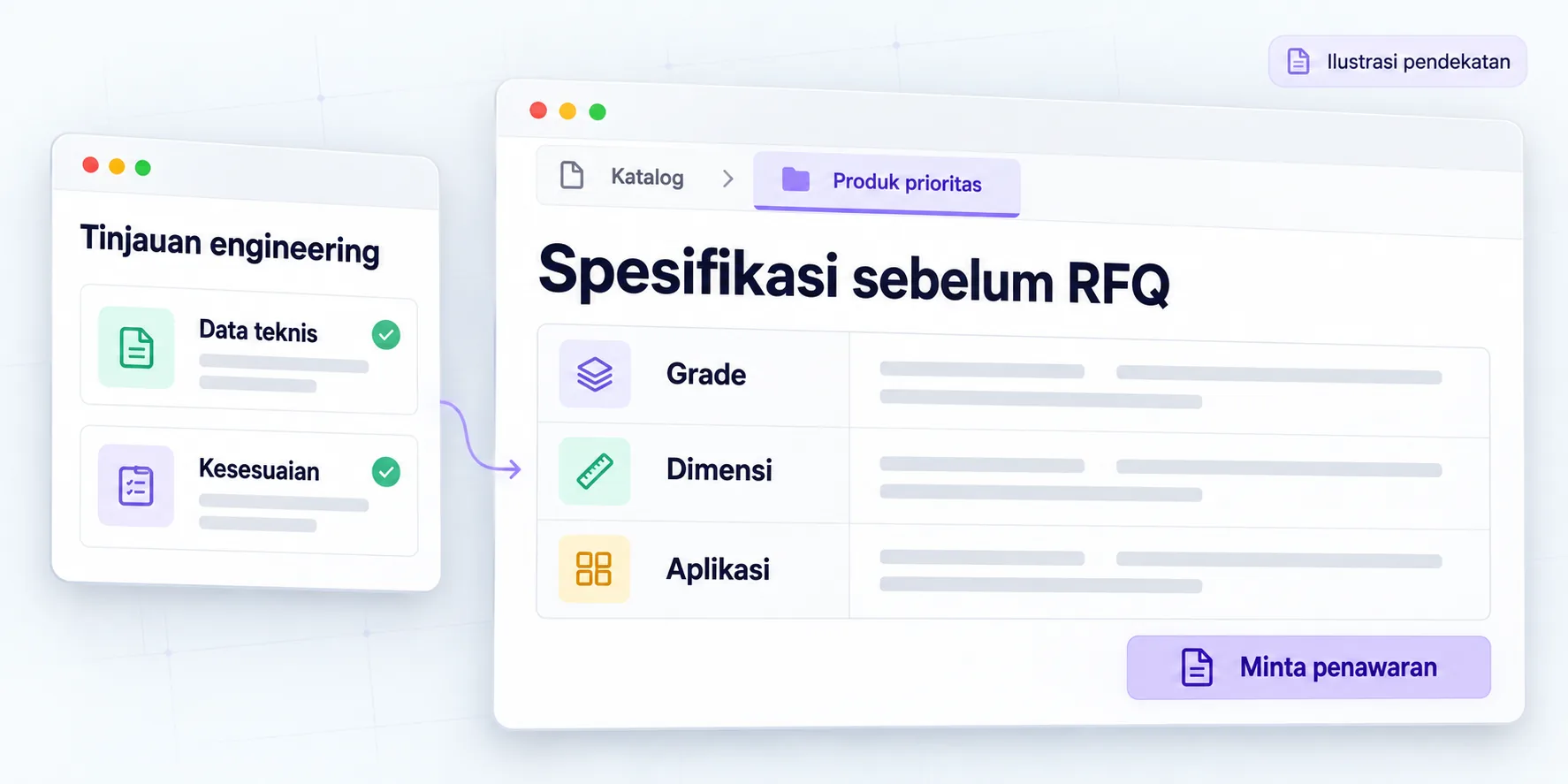 Ilustrasi pendekatan manufaktur B2B: engineering meninjau data teknis sebelum grade, dimensi, dan aplikasi tersedia pada halaman produk untuk RFQ.